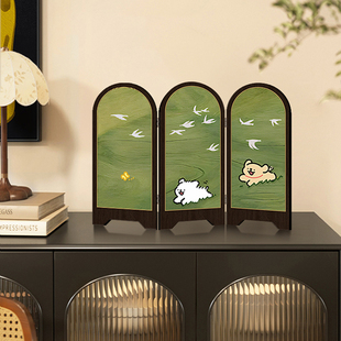 中古风桌面小屏风摆件线条小狗房间家居茶桌室玄关电视边柜装饰品