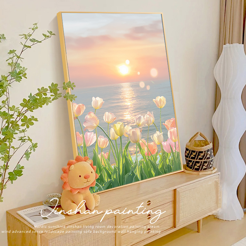 客厅奶油风日出装饰画郁金香挂画