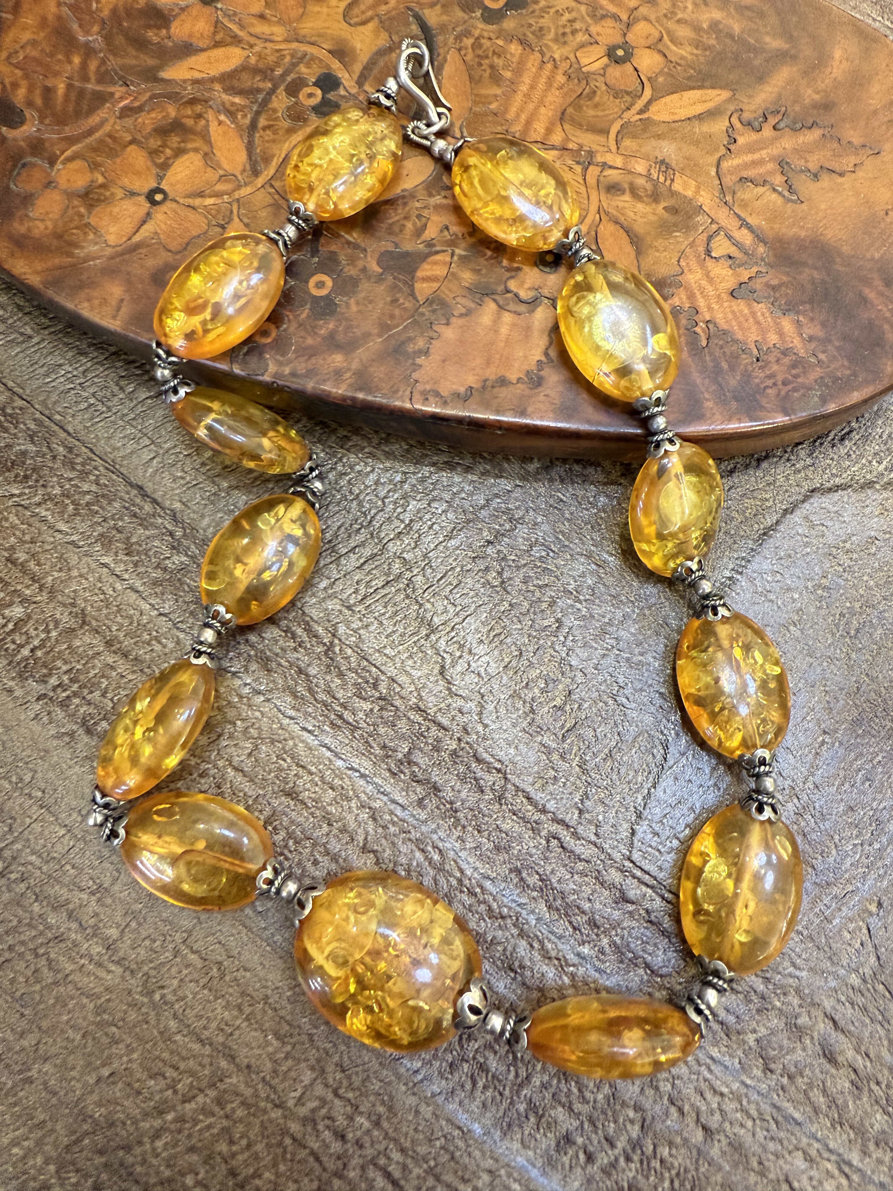 中古默认微瑕不退不换 天然琥珀银项链意大利