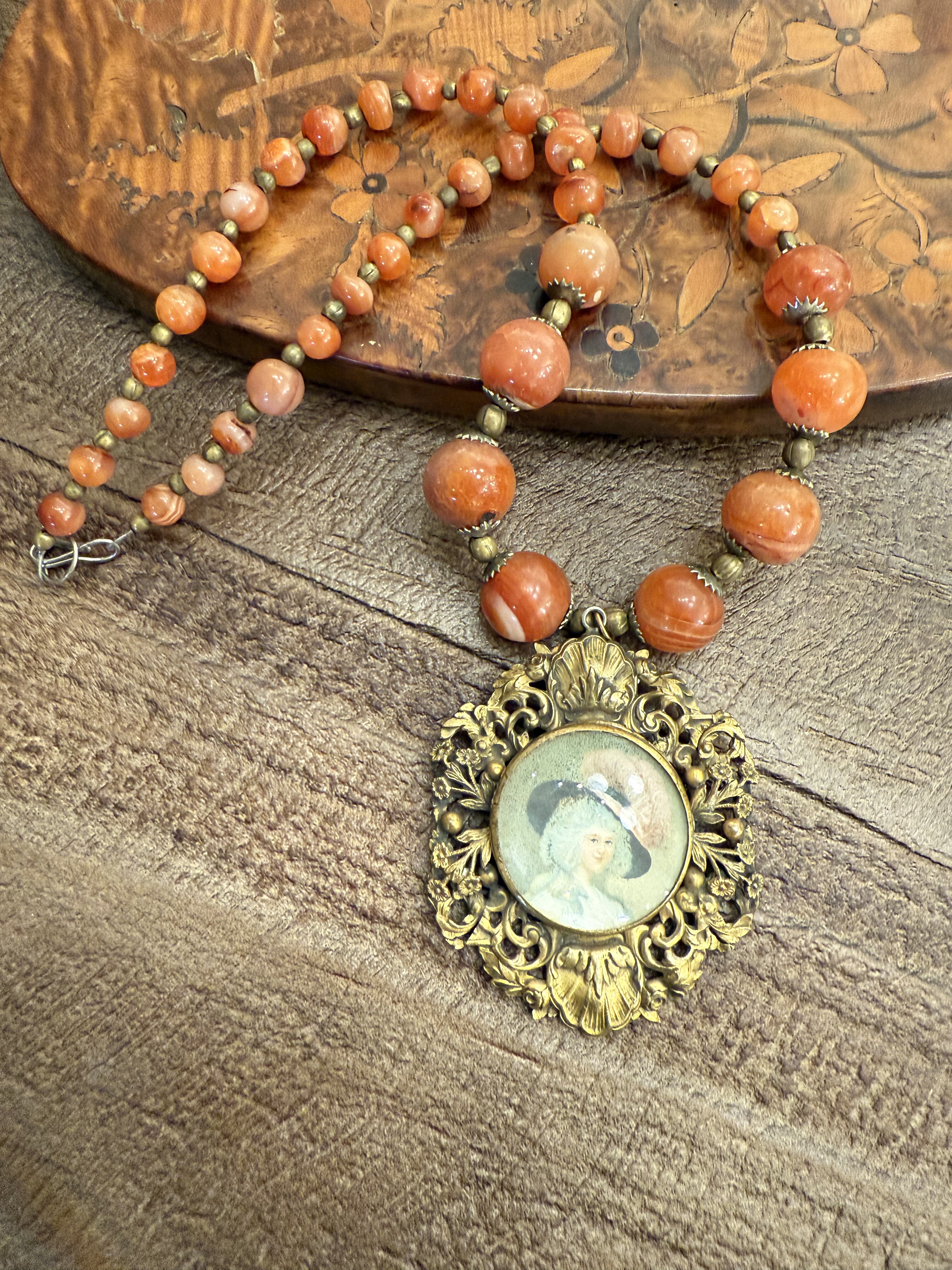 中古默认微瑕不退不换  古董手绘水晶面铜玛瑙项链 意大利