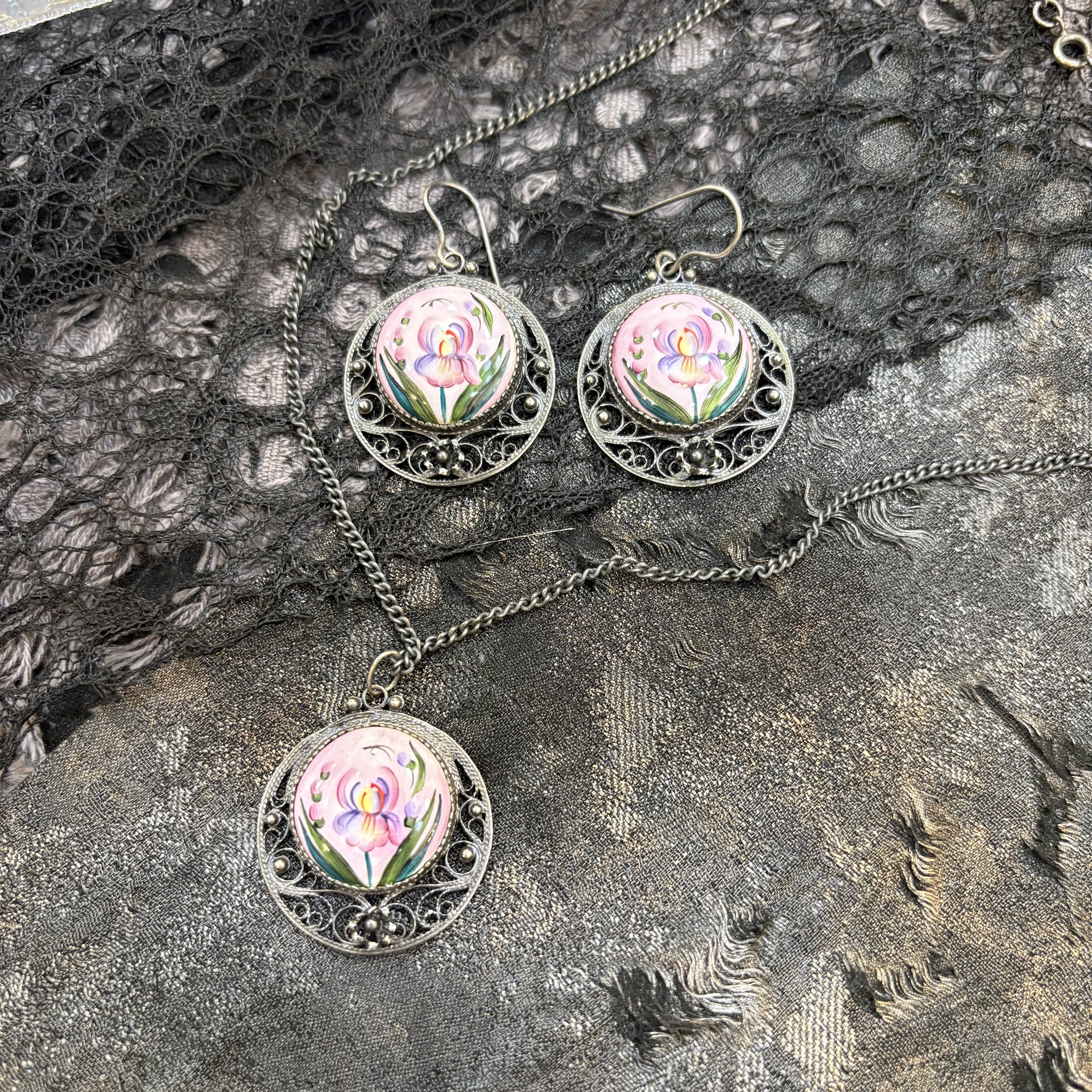 中古默认微瑕不退不换  老手绘陶瓷项链耳环套装 非银 意大利
