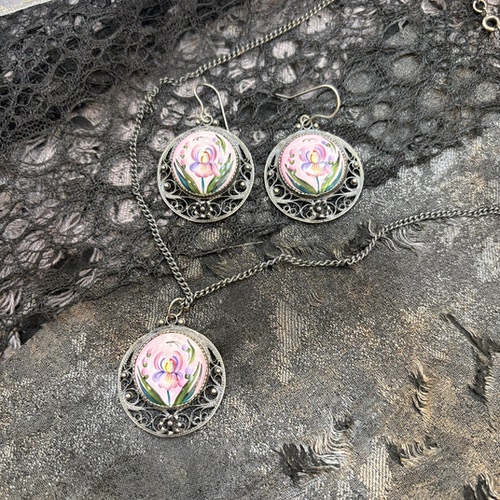 中古默认微瑕不退不换  老手绘陶瓷项链耳环套装 非银 意大利