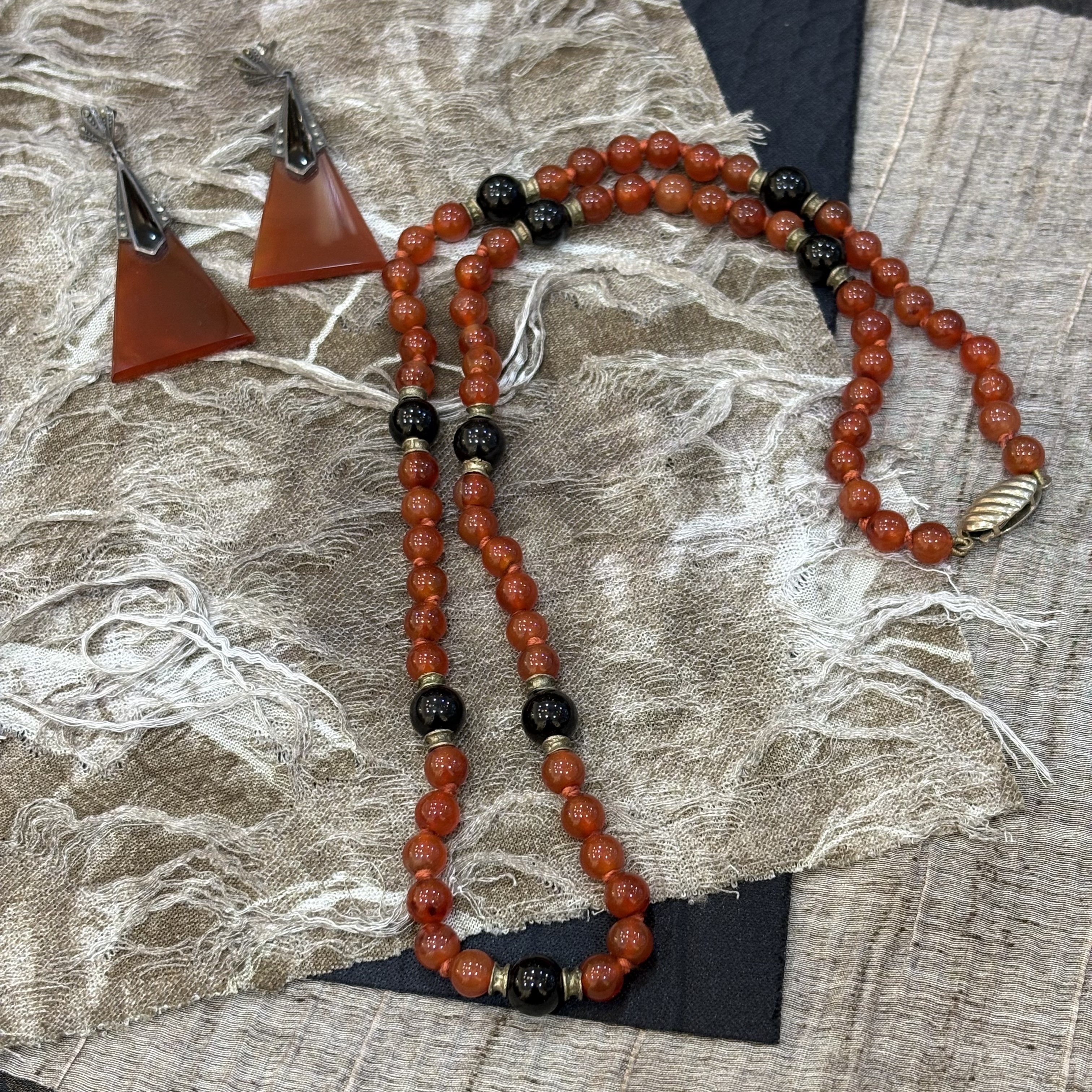 中古默认微瑕不退换 玛瑙项链银扣 玛瑙银耳环 意大利