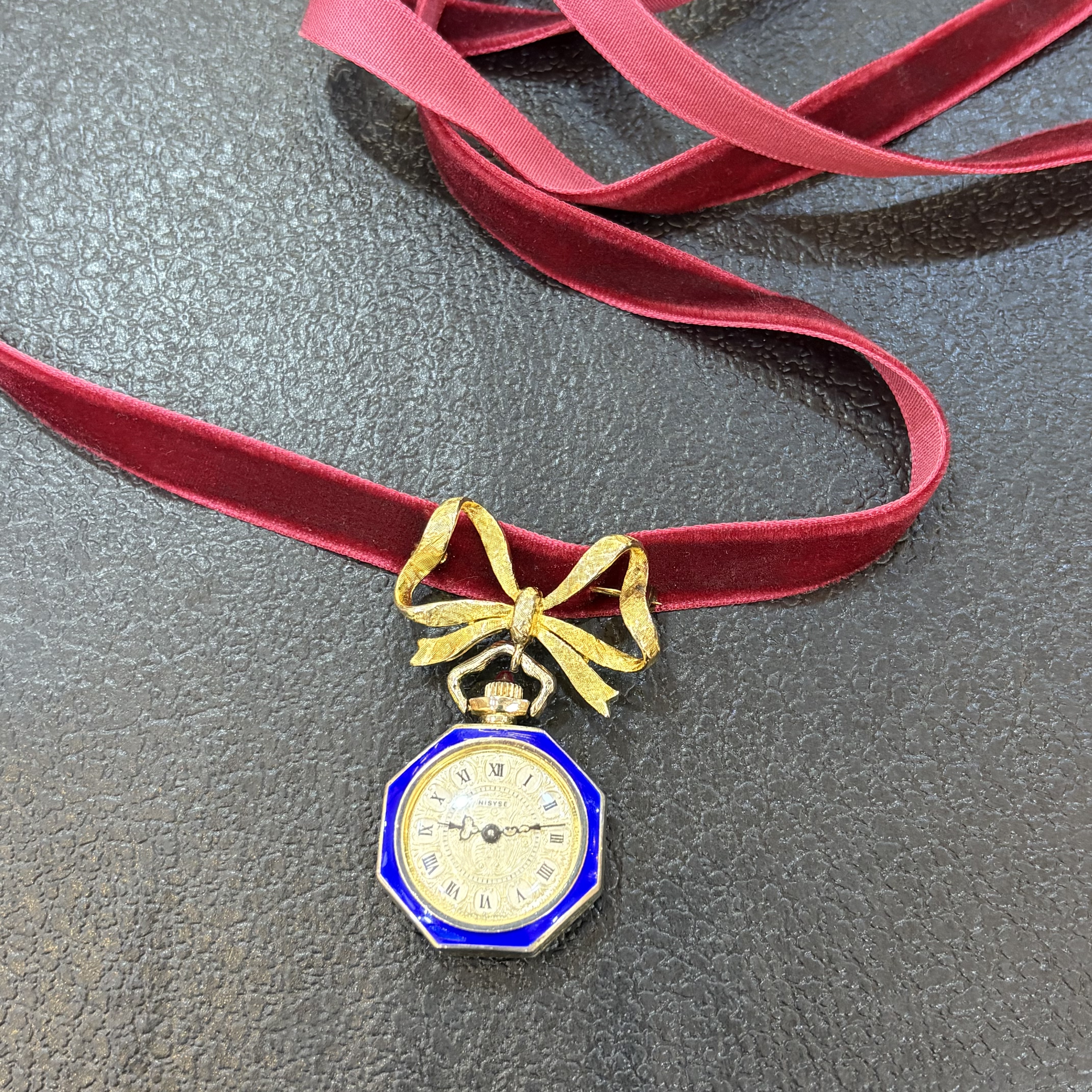 中古默认微瑕不退不换 古董珐琅机械手表银蝴蝶结项链 可绕两圈