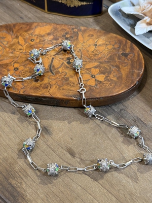 中古默认微瑕不退不换  珐琅球球老银项链 意大利