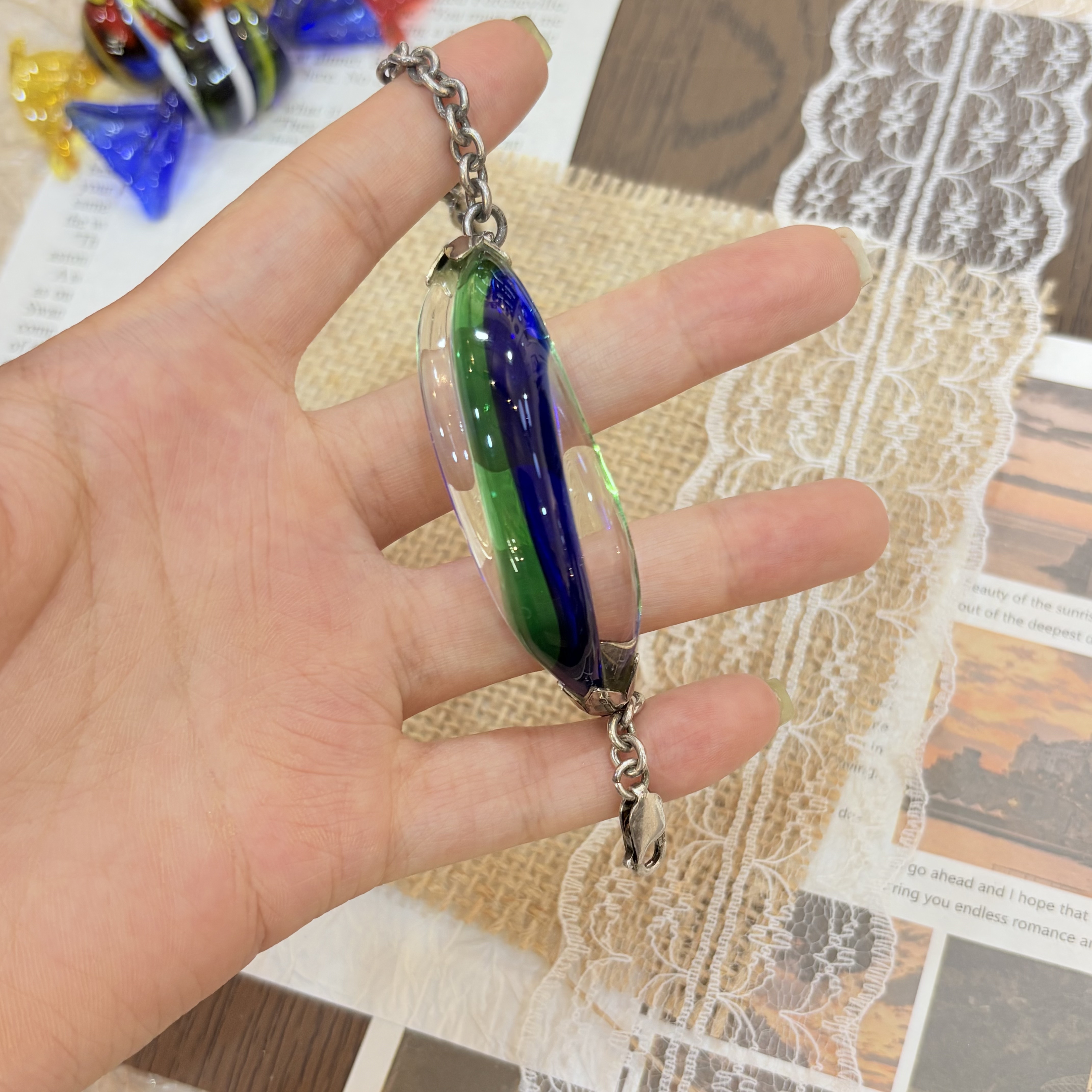 默认微瑕不退换  弧形半月琉璃银手链 意大利