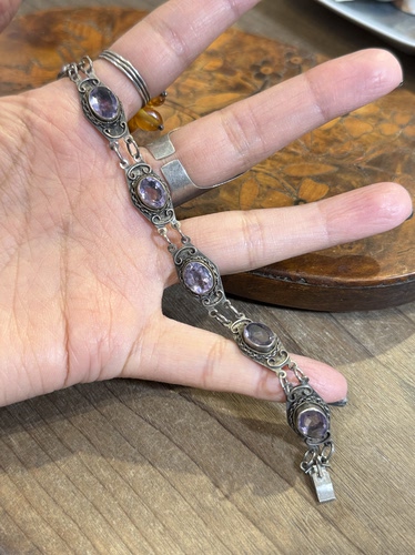 中古默微瑕不退不换 古董紫水晶银手链17.5cm 已验银 意大利
