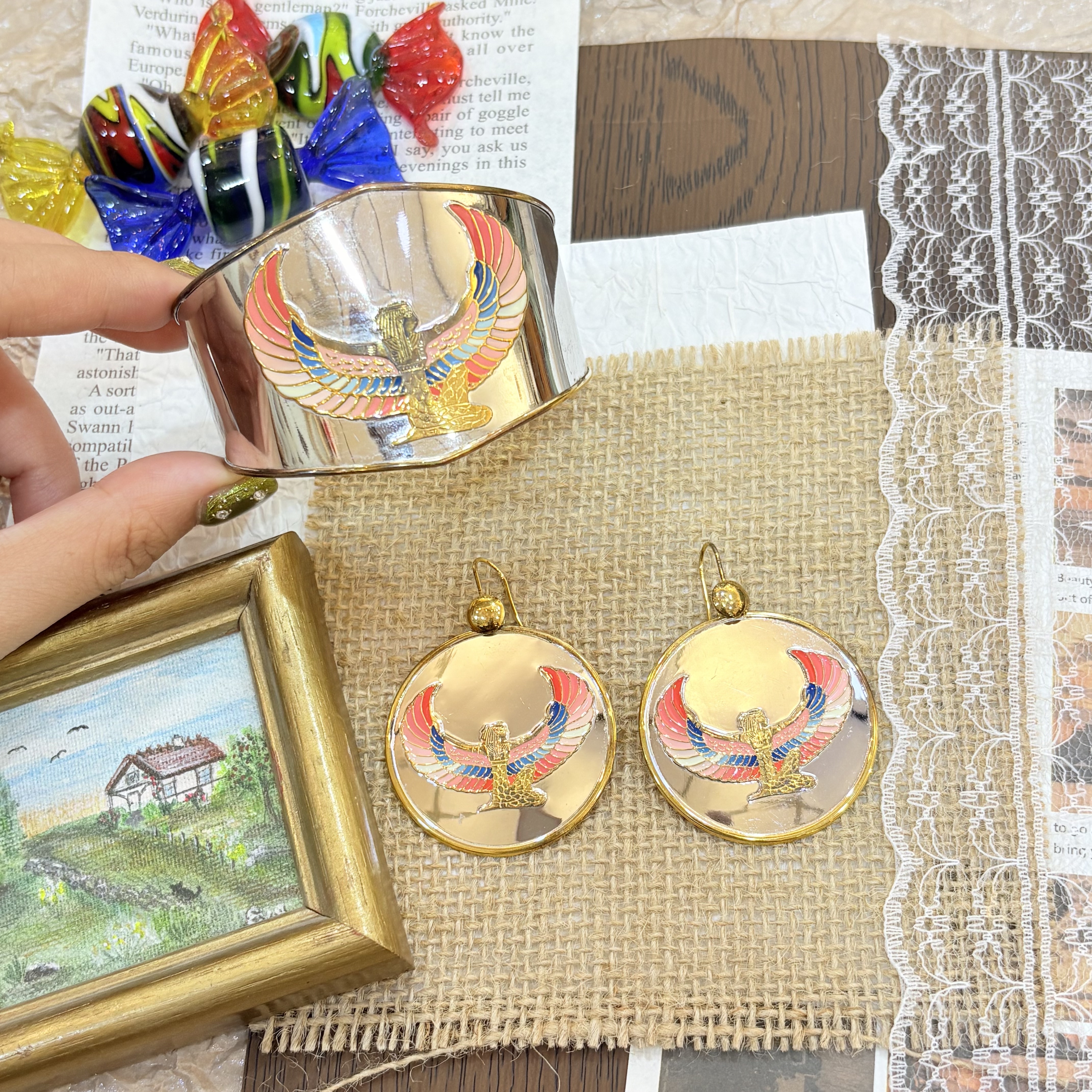 中古默认微瑕不退换 神鸟珐琅银手镯银耳环 有涂层 薄 意大利