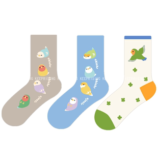 小鸟精梳棉女中筒袜 原创牡丹鹦鹉棉袜 鸟周边文创 包邮 满29元