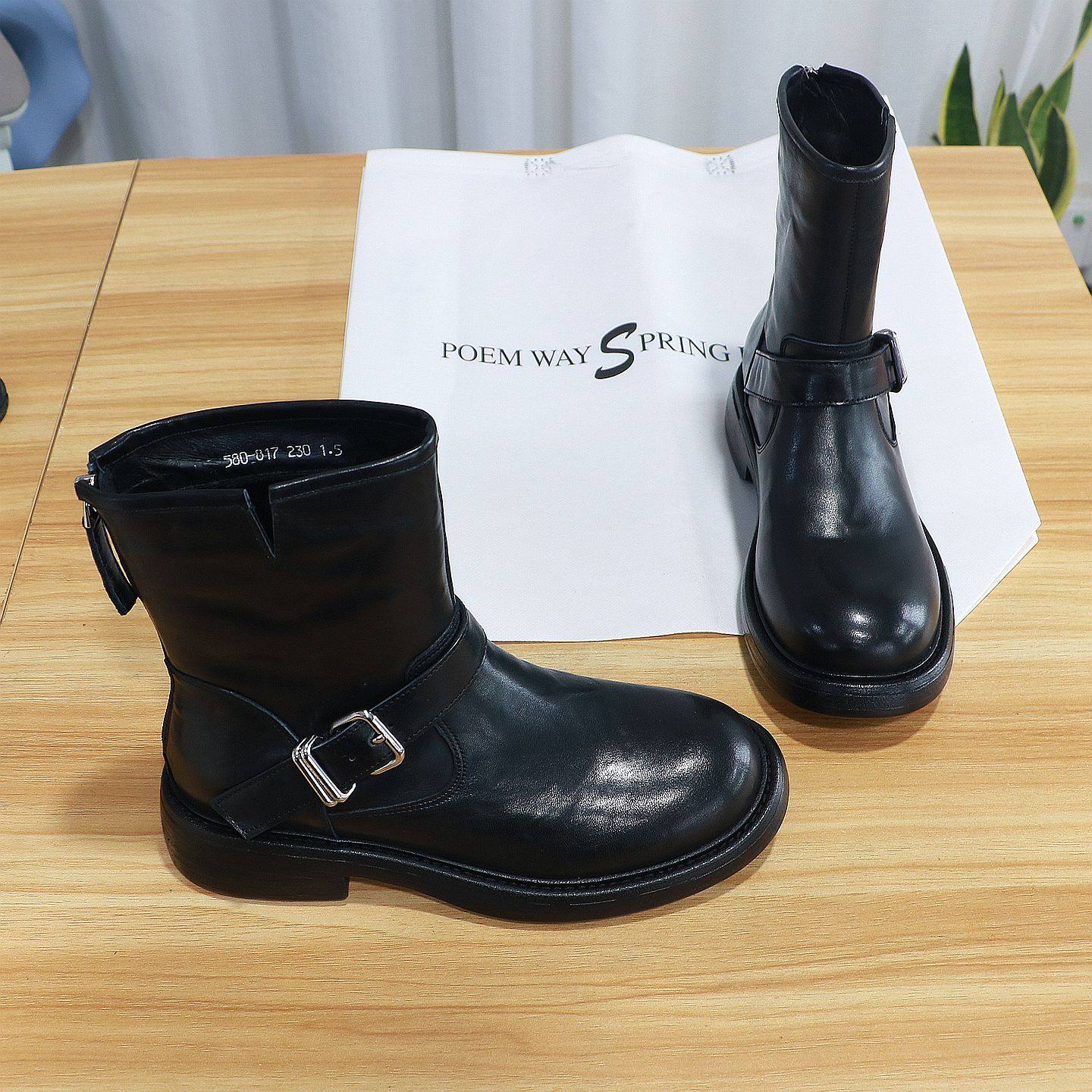 诗路花语短靴2025冬真皮皮带扣加绒机车中筒切尔西马丁靴580-817,女鞋,切尔西靴,淘宝优惠券,粉丝福利购,淘宝优惠卷