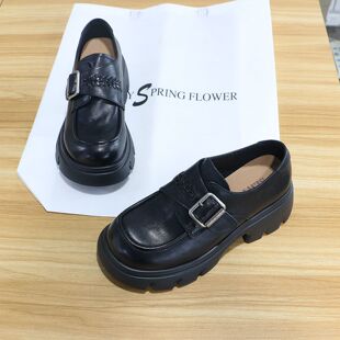 魔术贴单鞋 6065 2026春真皮英伦皮带扣厚底乐福鞋 诗路花语女鞋