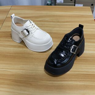 诗路花语女鞋2026春增高厚底乐福鞋皮带扣松糕鞋英伦单鞋78-9079