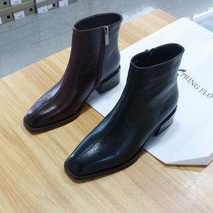 291 靴子661 诗路花语女鞋 2025秋冬方头粗跟短靴真皮切尔西靴时装