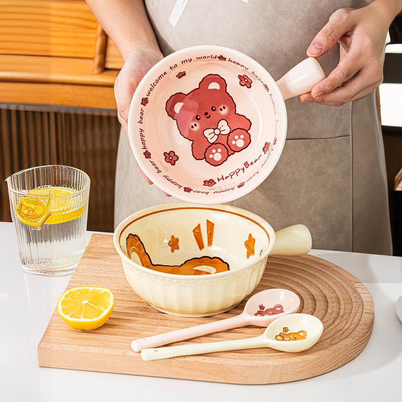 可爱卡通手柄碗家用陶瓷泡面碗带手把个人专用单柄沙拉碗网红餐具