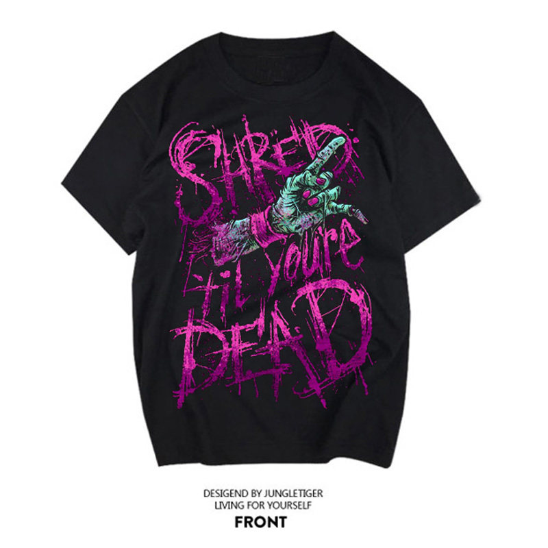 欧美潮牌黑色纯棉圆领短袖t恤男摇滚乐队重金属硬核摇滚手势corna