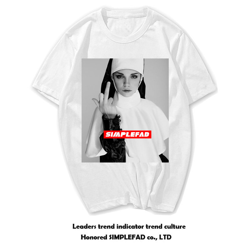 欧美潮牌高街oversize短袖t恤男宽松大码头像人物印花竖中指手势