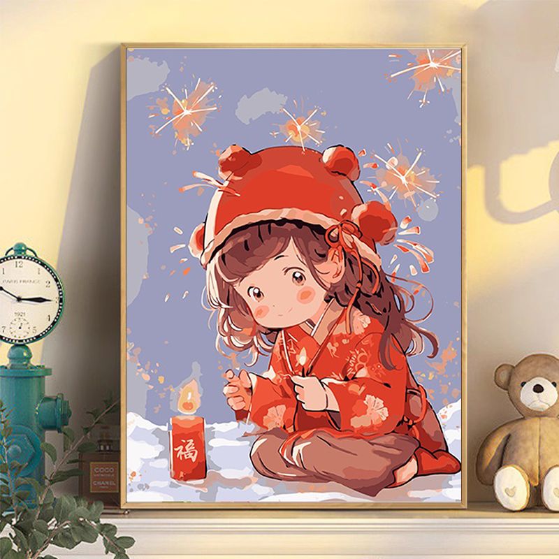 新年喜庆女孩数字油画diy填充填色手工绘春节丙烯油彩画装饰挂画