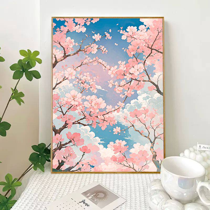春日樱花diy数字油画花卉油彩丙烯画填充填色手工绘简约装饰挂画