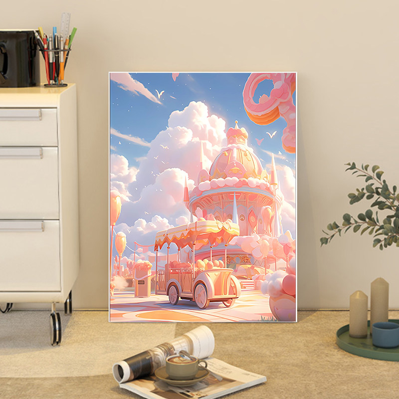 粉色城堡数字油画diy2023新款无聊手作解闷手工填充丙烯油彩画画