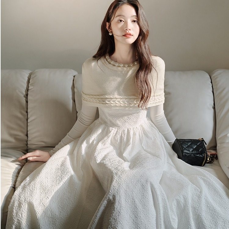 千金风针织披肩纱裙两件套