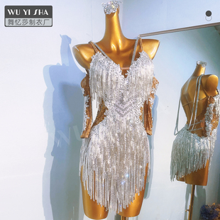 银色拉丁舞服练功服花服成人女儿童练习服流苏新款比赛2756