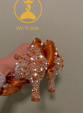 舞忆莎8黑色中跟跟拉丁鞋镶钻舞鞋比赛笔杆跟深肤缎面软底舞wy03