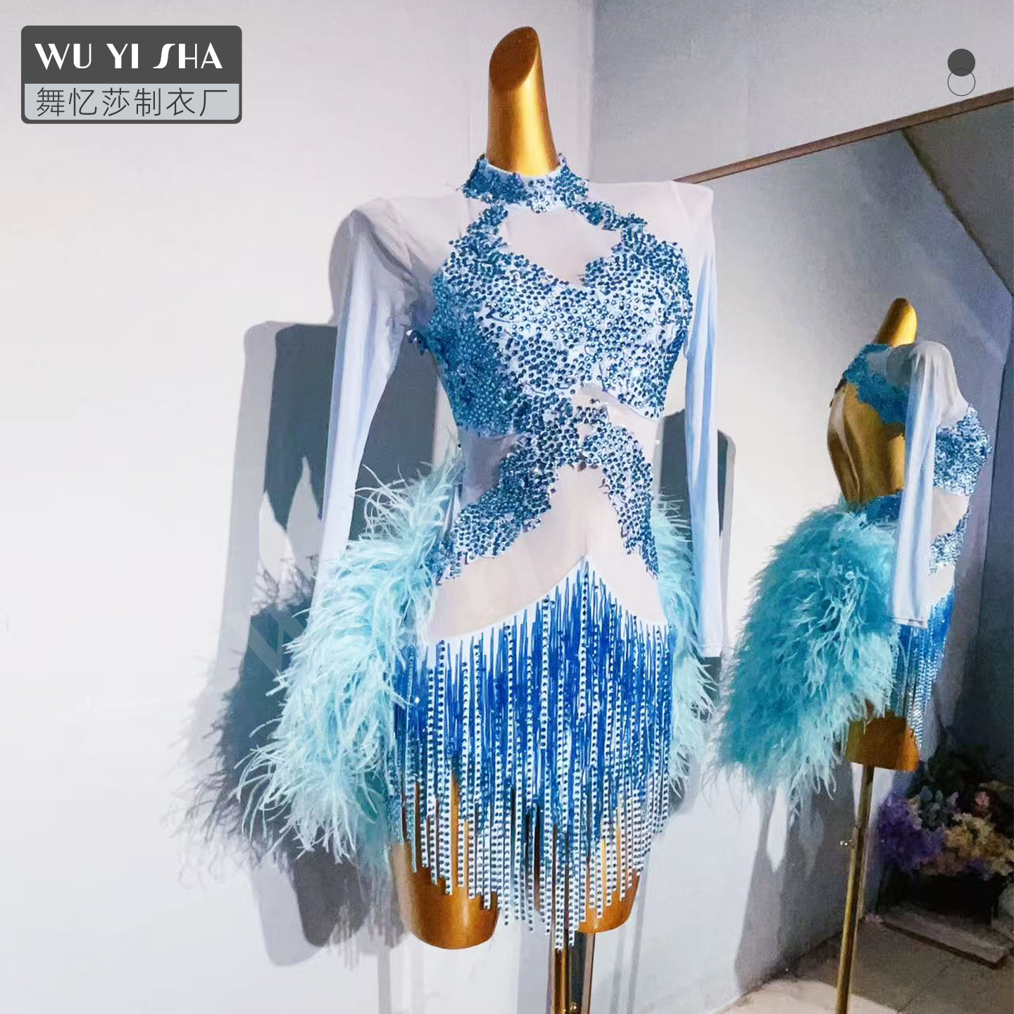 舞忆莎高级定制新款拉丁舞裙演出服鸵鸟毛高档专业比赛服2555