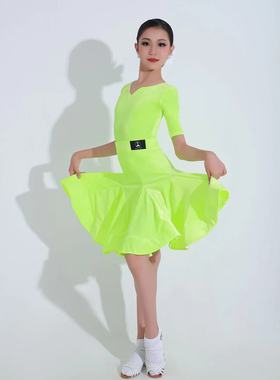 丝绒黄色大裙摆拉丁舞练习服少儿童练功服成人女新款规定服0027