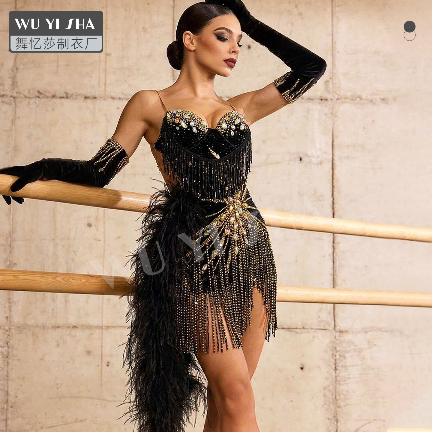 舞忆莎高档新款鸵鸟毛拉丁舞服演出服女士女童拉丁舞表演赛服2851