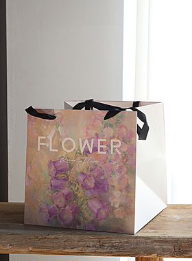 繁花手提袋艺术油画风格鲜花花束包装袋花艺手拎袋加长带子