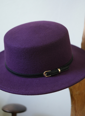 法式英伦复古老钱风羊毛帽子高级紫色毛呢礼帽休闲百搭显瘦平顶帽
