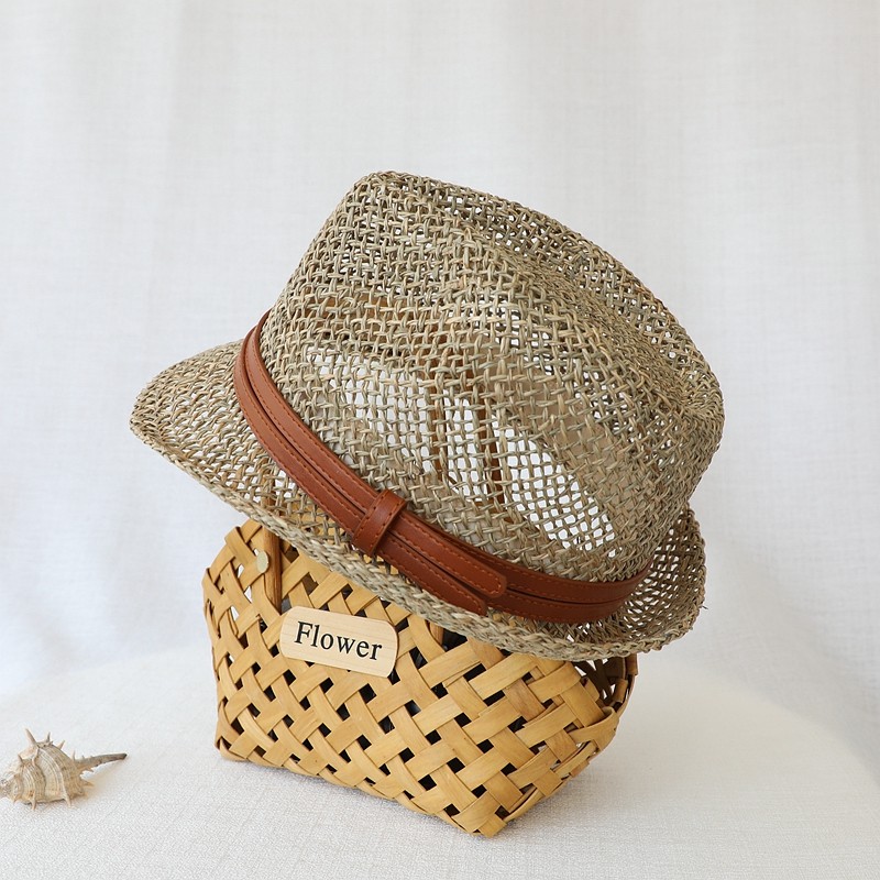 法式卷边咸草小礼帽镂空清凉遮阳透气复古男女夏百搭出游欧美大头