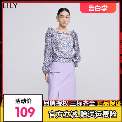 【商场同款】LILY2022春新款女装法式方领荷花边泡泡袖短款雪纺衫