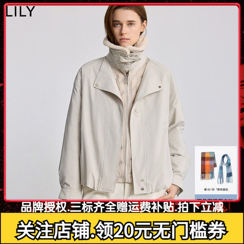 LILY2025冬新款简约纯色毛绒翻领宽松休闲通勤90鸭绒羽绒服外套女