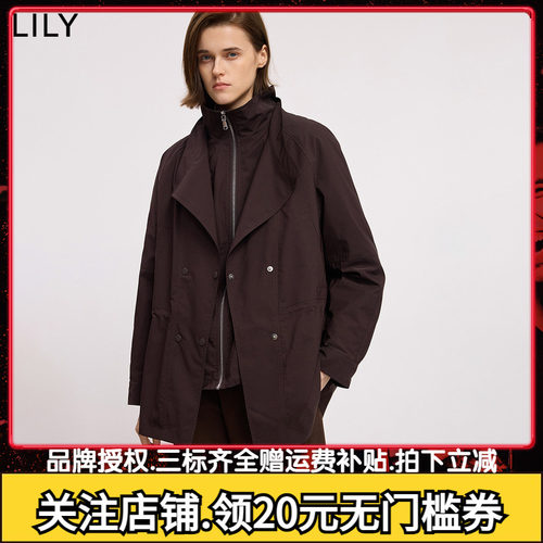 LILY2025冬新款女装假两件立领抽绳收腰90鸭绒宽松通勤羽绒服外套