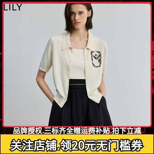 【商场同款】LILY2025秋新款女装设计感手工钉珠翻领休闲针织开衫