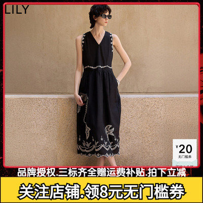小黑裙LILY2025夏新款女装复古波西米亚风棉麻飞鸟绣花无袖连衣裙