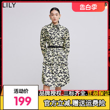 【商场同款】LILY2022春新款女装小众设计感印花收腰衬衫式连衣裙