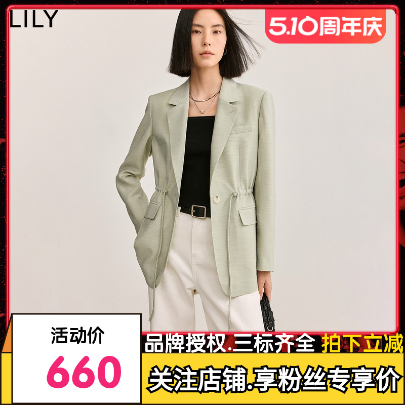 LILY2024夏新款女装别致设计感抽绳通勤款一粒扣宽松休闲西装外套