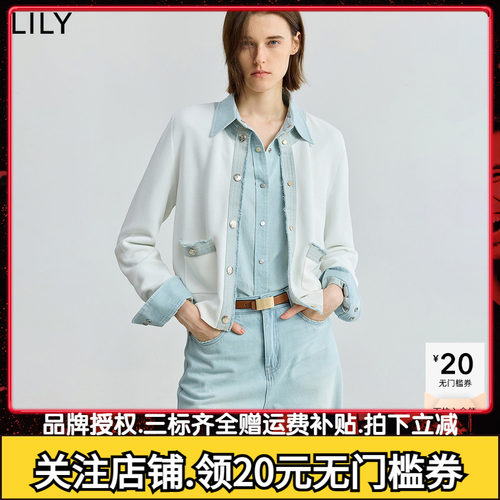 【商场同款】LILY2025秋新款女装拼接牛仔小香风白色针织开衫外套
