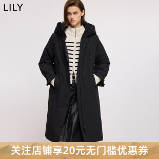 LILY2025冬新款含羊毛醋酸抽绳连帽宽松通勤黑色羽绒服外套女长款