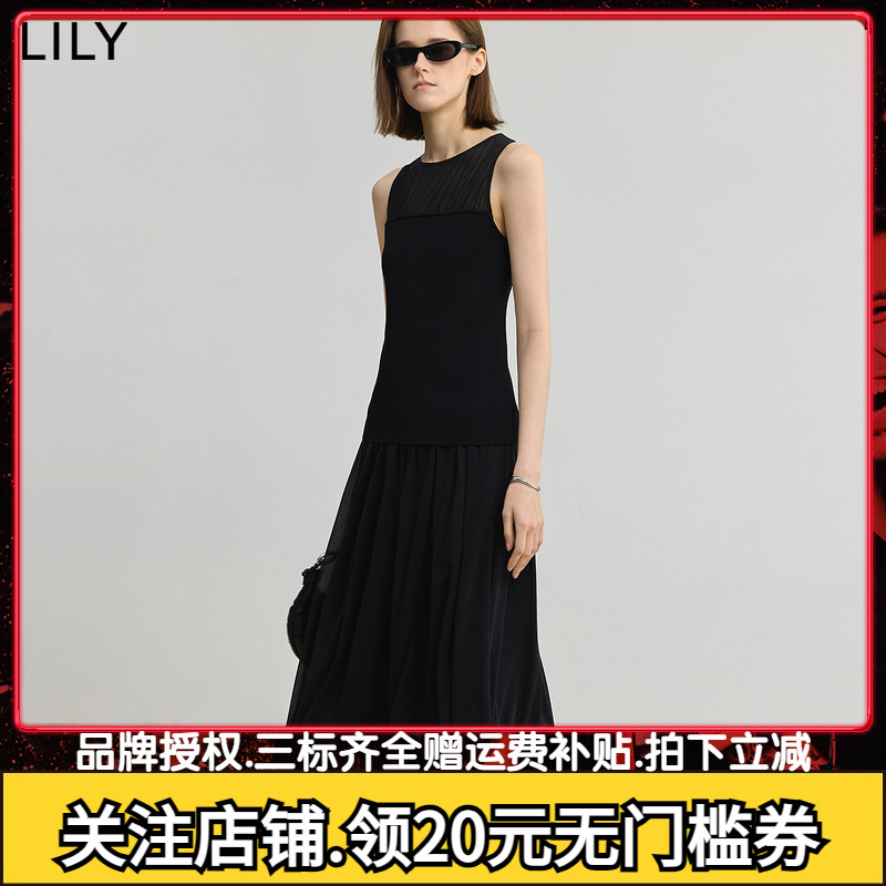 【ART系列】商场同款LILY2025夏新款无袖收腰休闲连衣裙小黑裙女