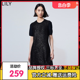 女装 LILY2024春新款 别致珠片气质通勤都市显瘦连衣裙小黑裙小个子