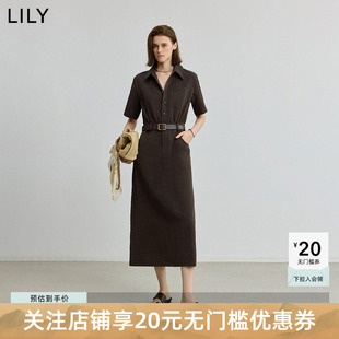 LILY2025秋新款复古工装气质休闲通勤收腰短袖连衣裙直筒裙女长裙