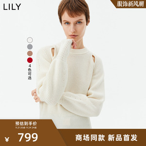 【专柜甄选】LILY2023冬新款女装绵羊毛洋气镂空灯笼袖通勤针织衫