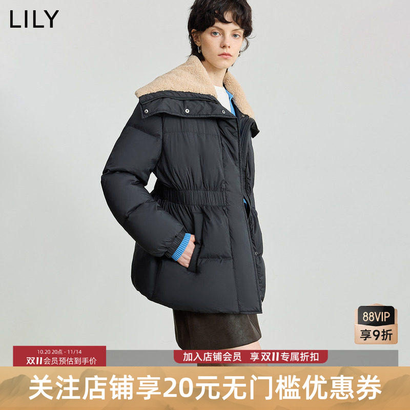 LILY2025冬新款女装复古撞色大毛领收腰90鸭绒通勤黑色羽绒服外套