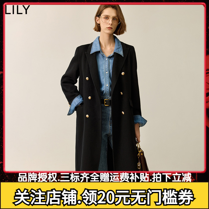 LILY2024冬新款100%绵羊毛百搭通勤经典款黑色毛呢外套女长款大衣