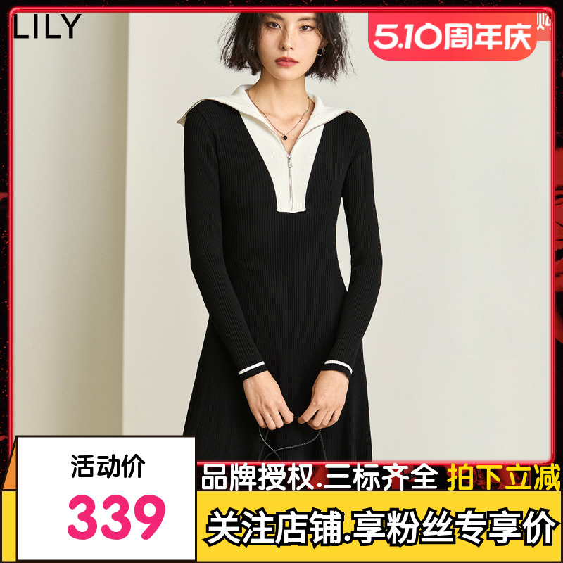 LILY2024春新款女装通勤设计感撞色复古拉链翻领针织连衣裙小个子-封面