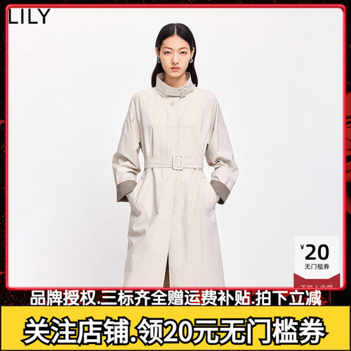 LILY2026春新款女装复古经典小高领腰带收腰宽松休闲通勤风衣外套