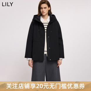 LILY2025冬新款含羊毛90鸭绒连帽抽绳收腰黑色羽绒服外套女中长款